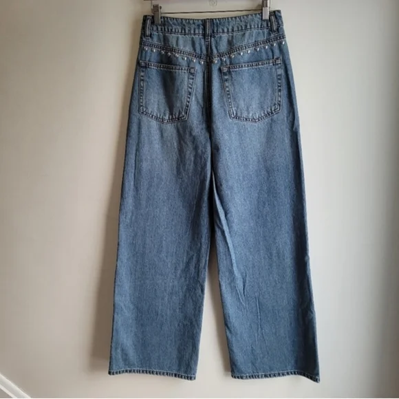 NWT HOUSE OF HARLOW 1960 Wide Leg High Waist Studded Blue Denim Jeans 6 - Picture 3 of 8